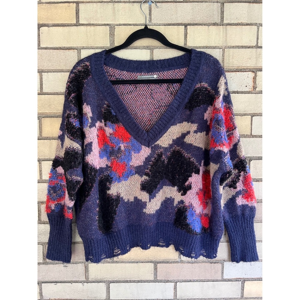 Anthropologie Blue Floral V-Neck Distressed Wool Blend Oversized Sweater Sz XS